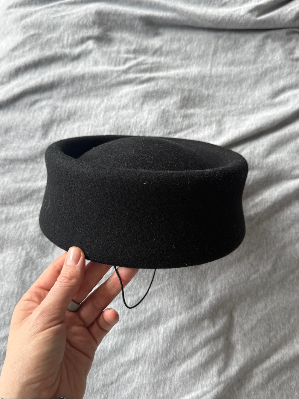 Classic Black Round Felt Pillbox Hat - Picture 3 of 3